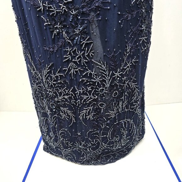 Vintage Adrianna Papell Navy Blue Silk Beaded Long Formal Ball Gown Prom Dress - Picture 6 of 11